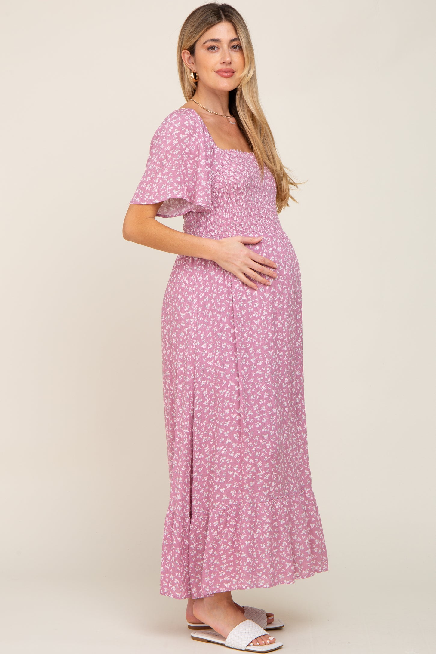 Pink Floral Smocked Maternity Midi Dress