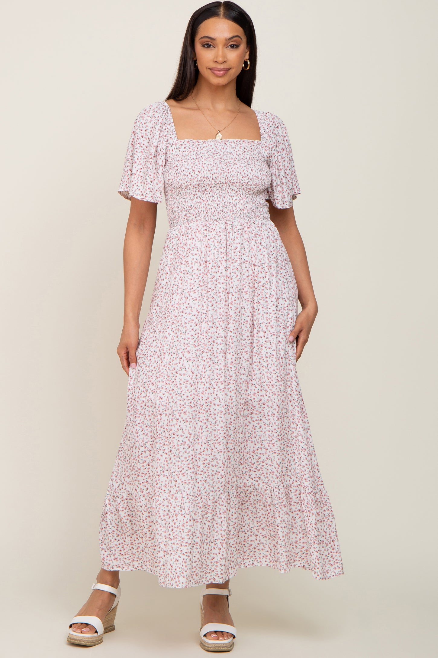 Ivory Floral Smocked Flounce Sleeve Maternity Maxi Dress