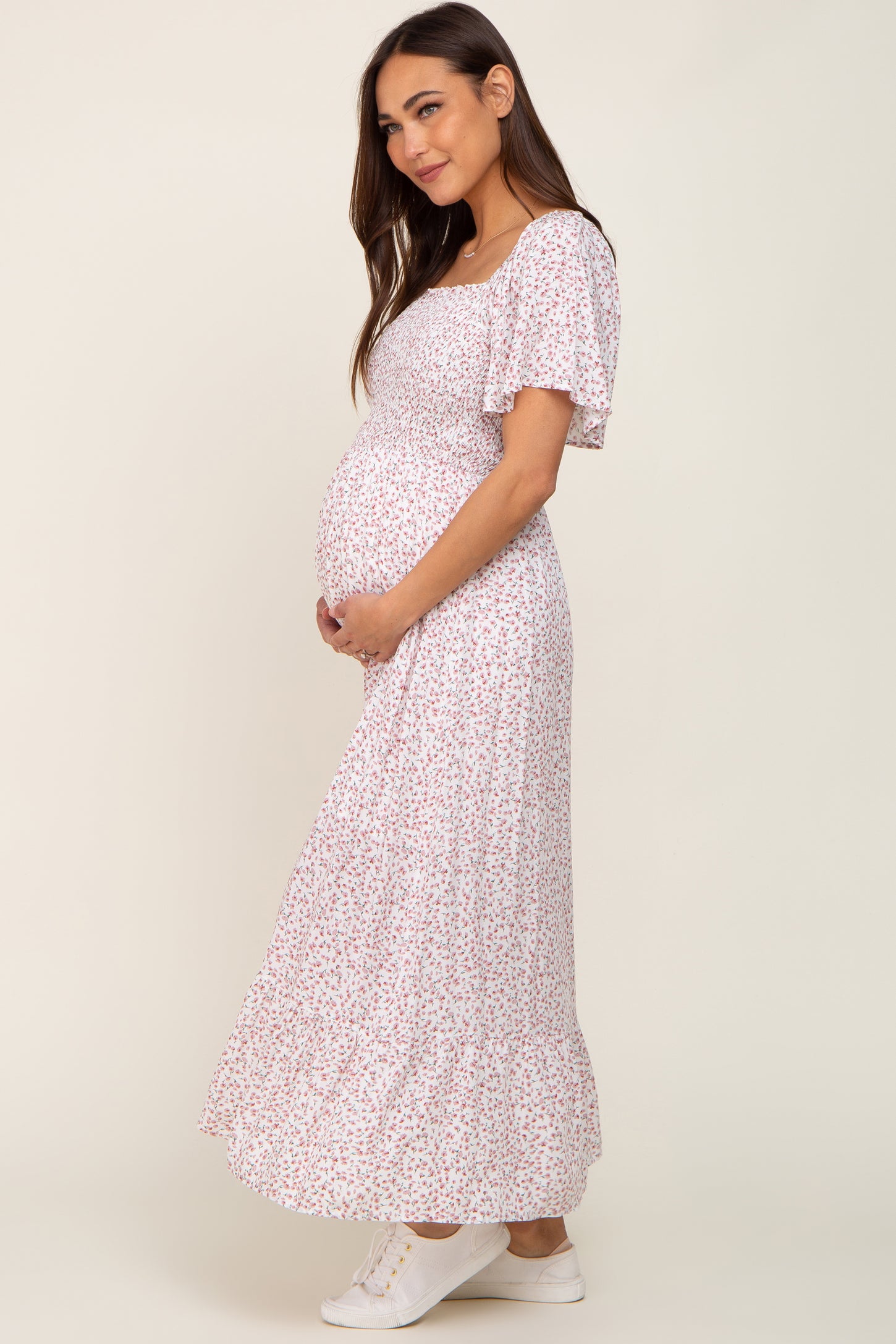 Ivory Floral Smocked Flounce Sleeve Maternity Maxi Dress