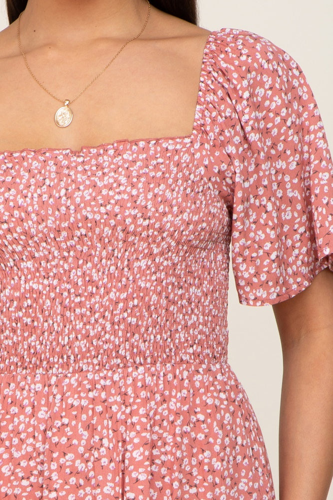 Mauve Floral Smocked Flounce Sleeve Maxi Dress