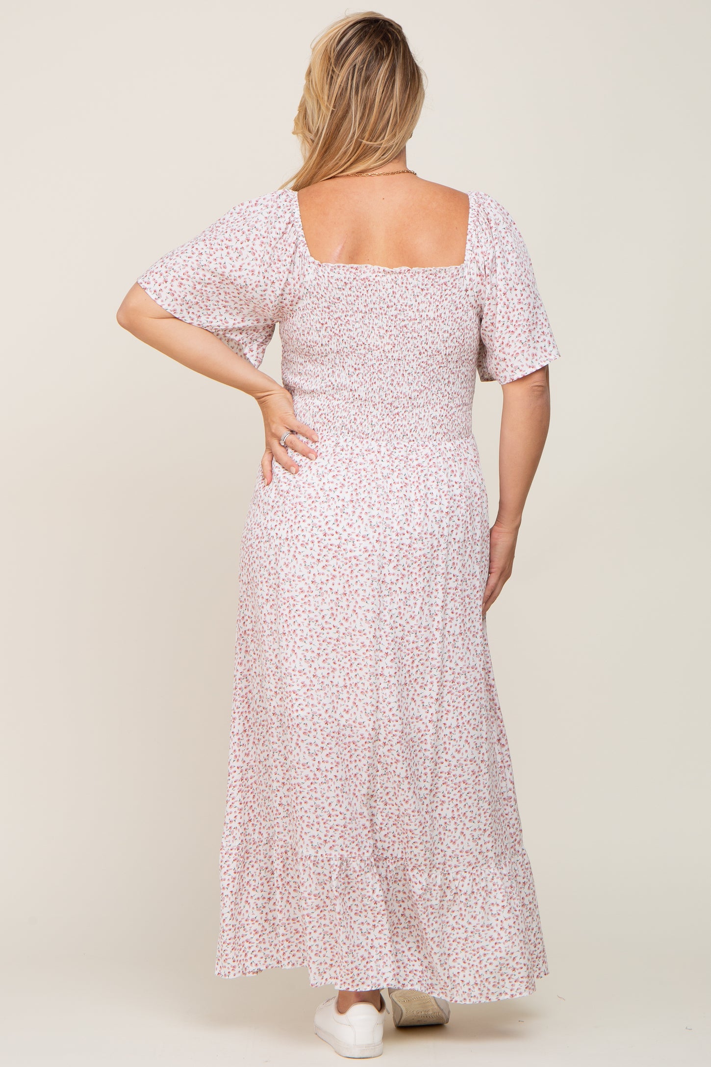 Ivory Floral Smocked Flounce Sleeve Maternity Plus Maxi Dress