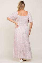 Ivory Floral Smocked Flounce Sleeve Maternity Plus Maxi Dress