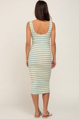 Green Striped Ribbed Fitted Maternity Midi Dress