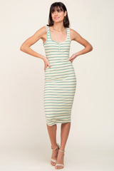 Green Striped Ribbed Fitted Maternity Midi Dress