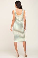 Green Striped Ribbed Fitted Midi Dress