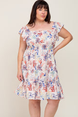 Cream Palm Print Smocked Flutter Sleeve Maternity Plus Dress