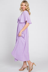 Lavender Textured Dot Front Tie Ruffle Sleeve Midi Dress