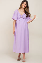 Lavender Textured Dot Front Tie Ruffle Sleeve Maternity Midi Dress
