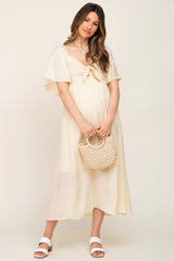 Cream Front Tie Ruffle Sleeve Maternity Midi Dress