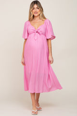 Pink Front Tie Ruffle Sleeve Maternity Midi Dress