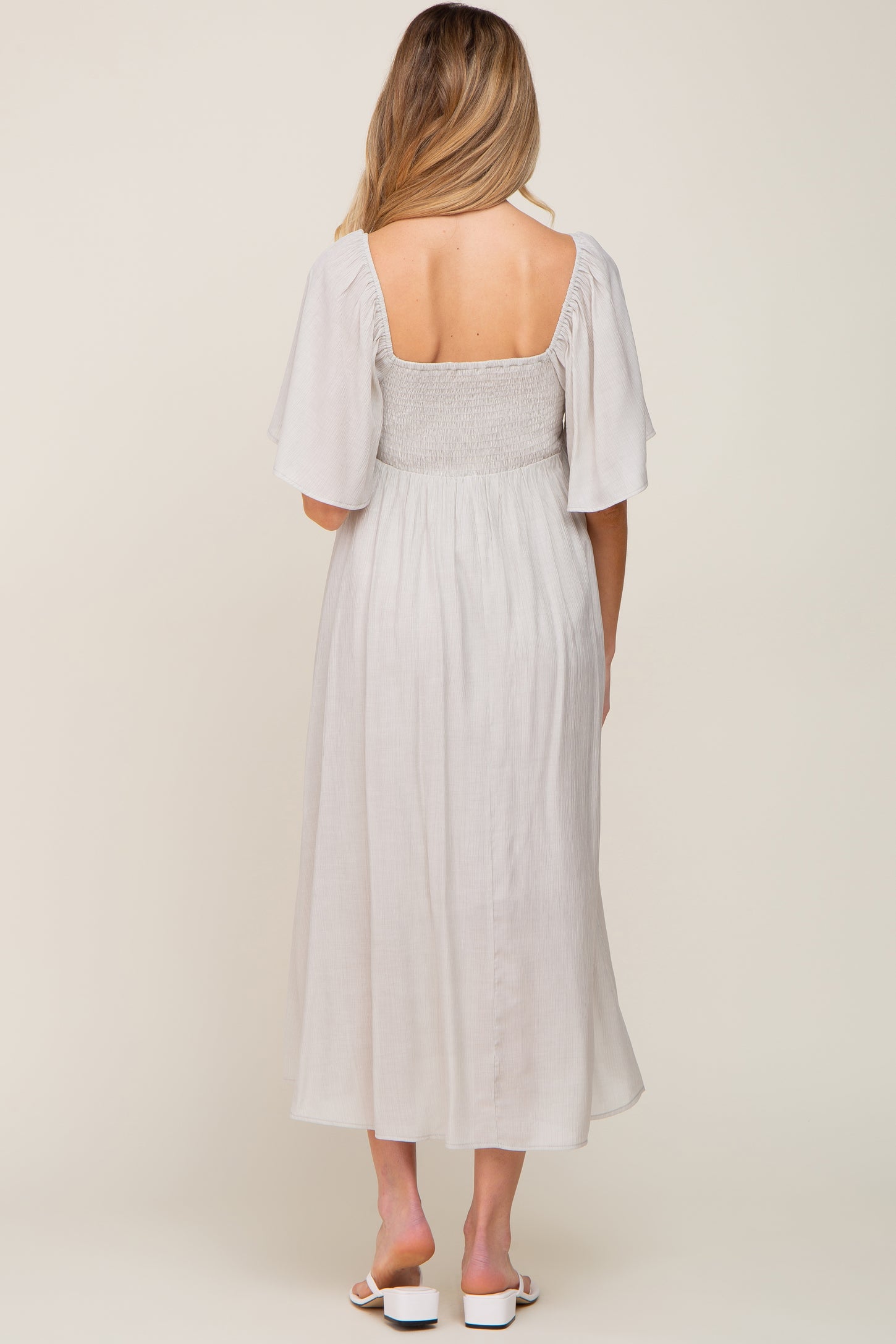 Grey Front Tie Ruffle Sleeve Maternity Midi Dress