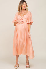 Peach Front Tie Ruffle Sleeve Maternity Midi Dress