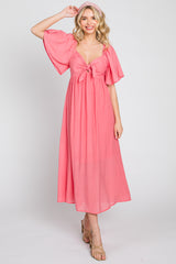 Coral Front Tie Ruffle Sleeve Midi Dress