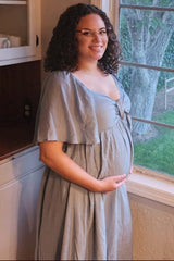 Blue Front Tie Ruffle Sleeve Maternity Midi Dress