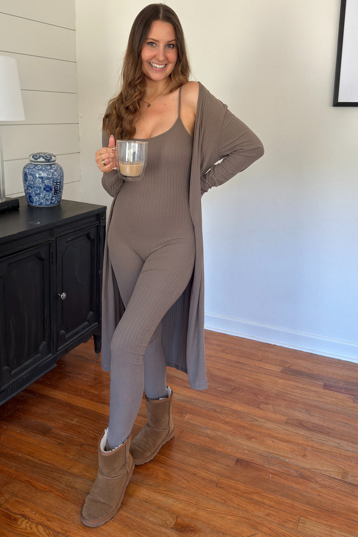 Mocha Ribbed Jumpsuit Two Piece Set