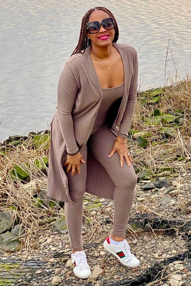 Mocha Ribbed Jumpsuit Two Piece Set