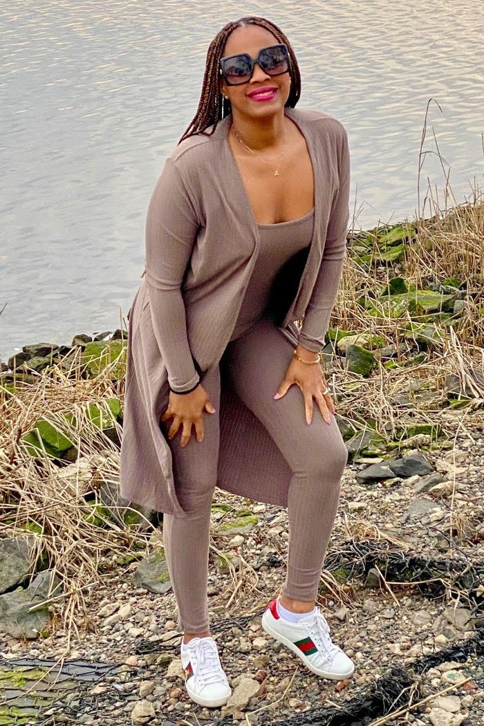 Mocha Ribbed Jumpsuit Two Piece Set