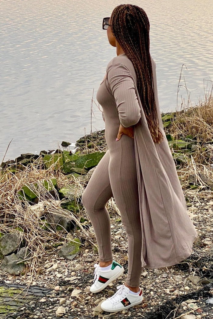 Mocha Ribbed Jumpsuit Two Piece Set