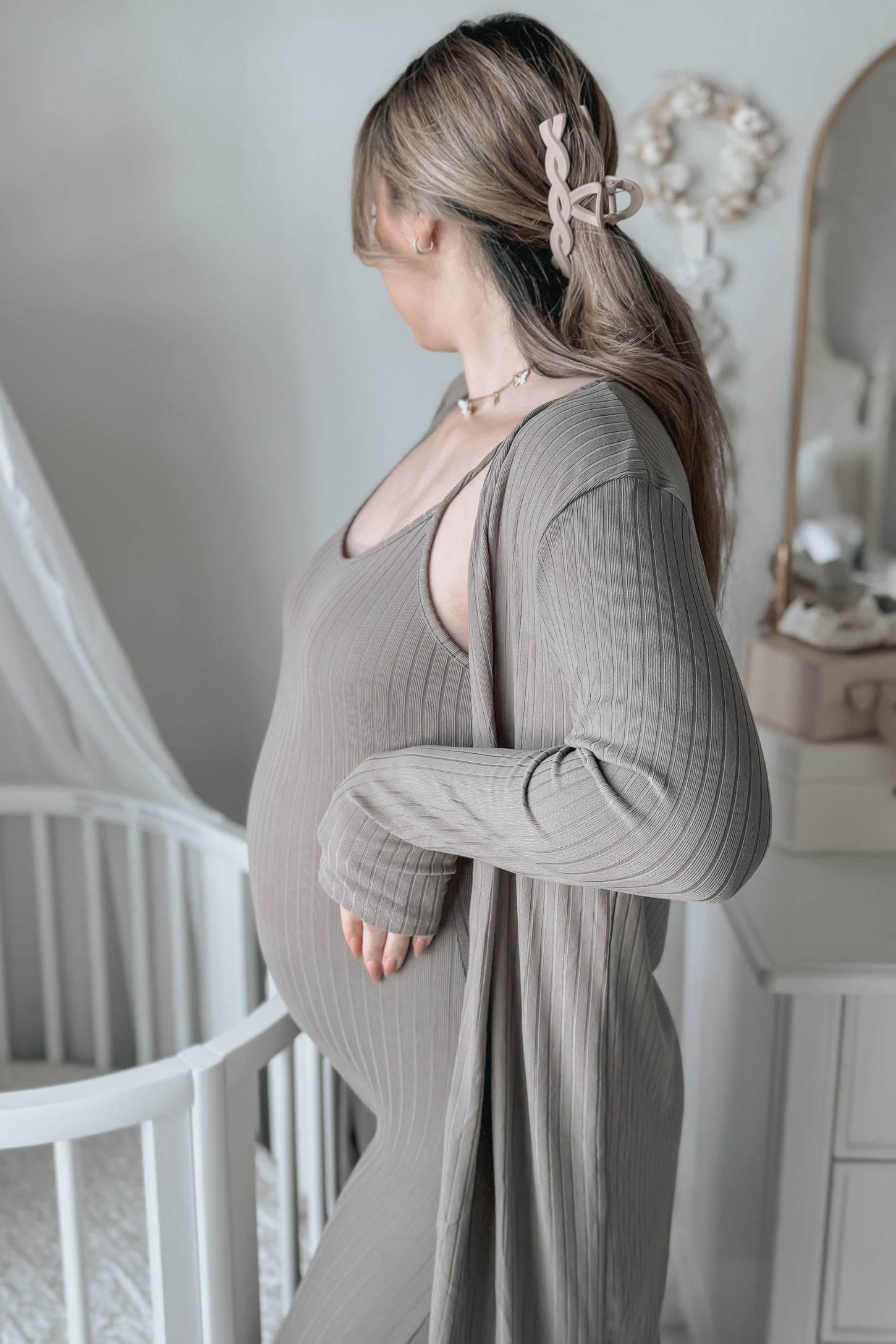 Mocha Ribbed Maternity Jumpsuit Two Piece Set