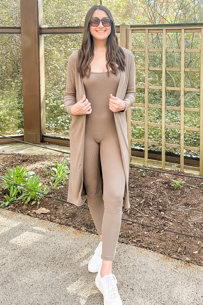 Mocha Ribbed Jumpsuit Two Piece Set