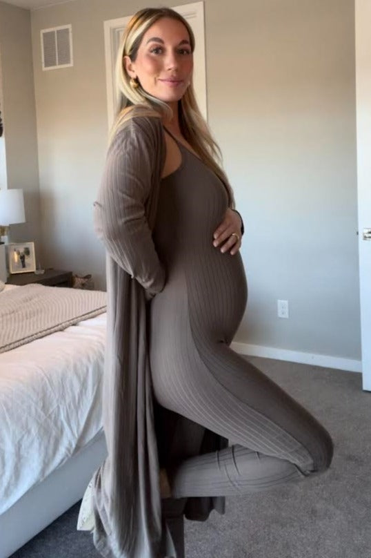 Mocha Ribbed Maternity Jumpsuit Two Piece Set
