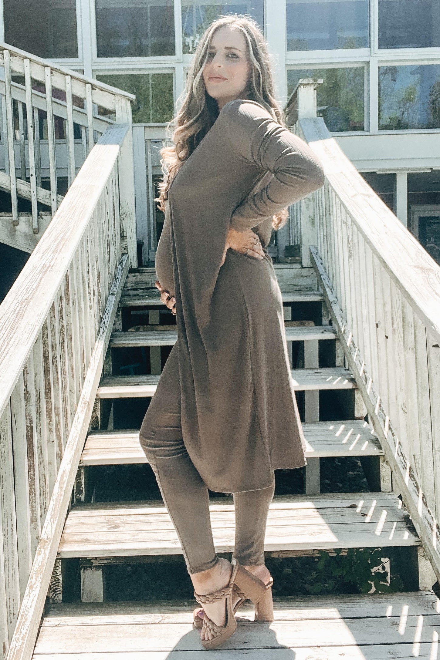 Mocha Ribbed Maternity Jumpsuit Two Piece Set