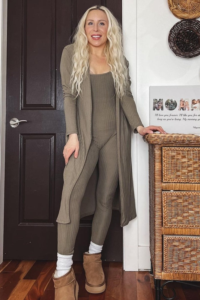 Mocha Ribbed Jumpsuit Two Piece Set