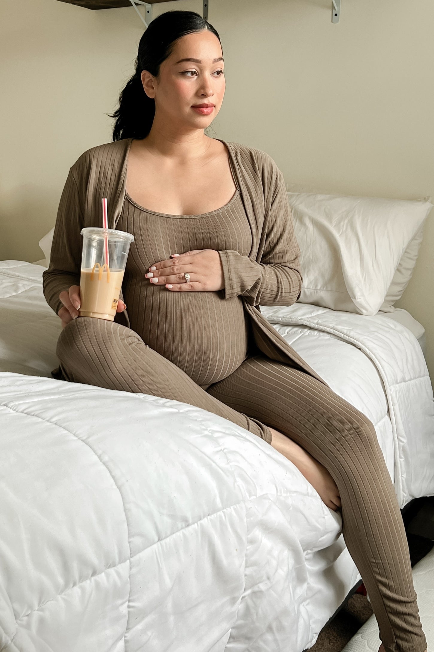 Mocha Ribbed Maternity Jumpsuit Two Piece Set