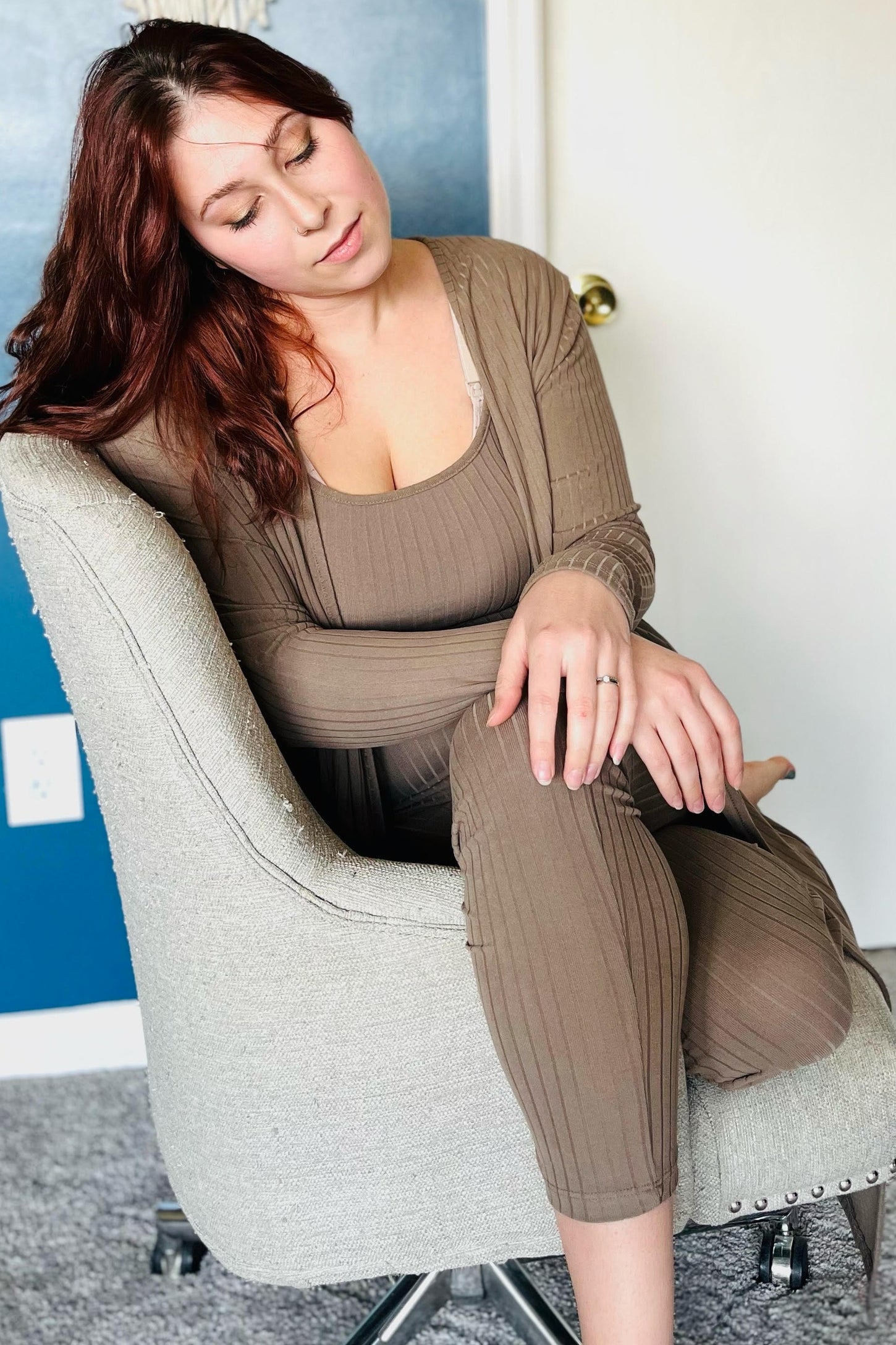 Mocha Ribbed Jumpsuit Two Piece Set