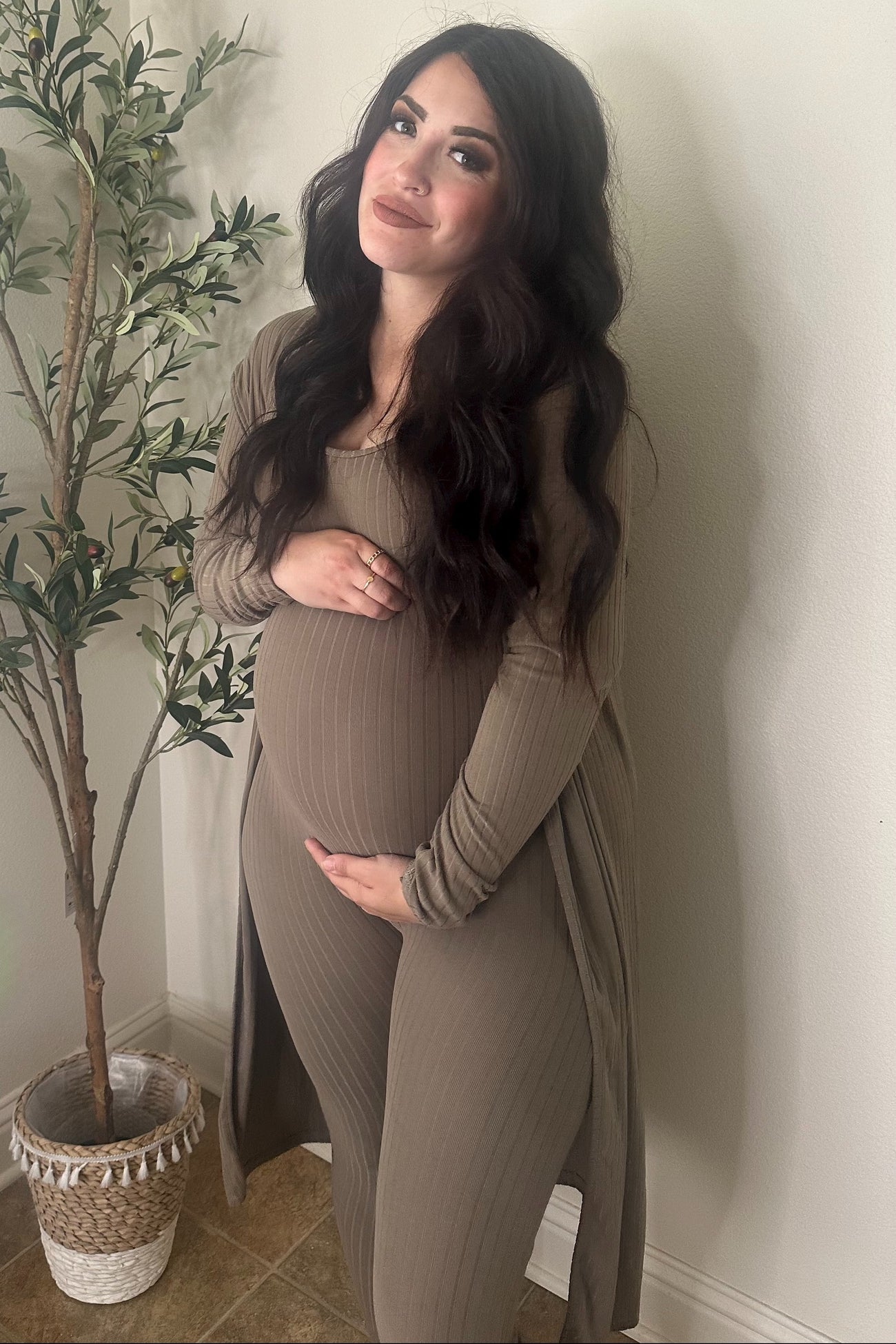 Mocha Ribbed Maternity Jumpsuit Two Piece Set