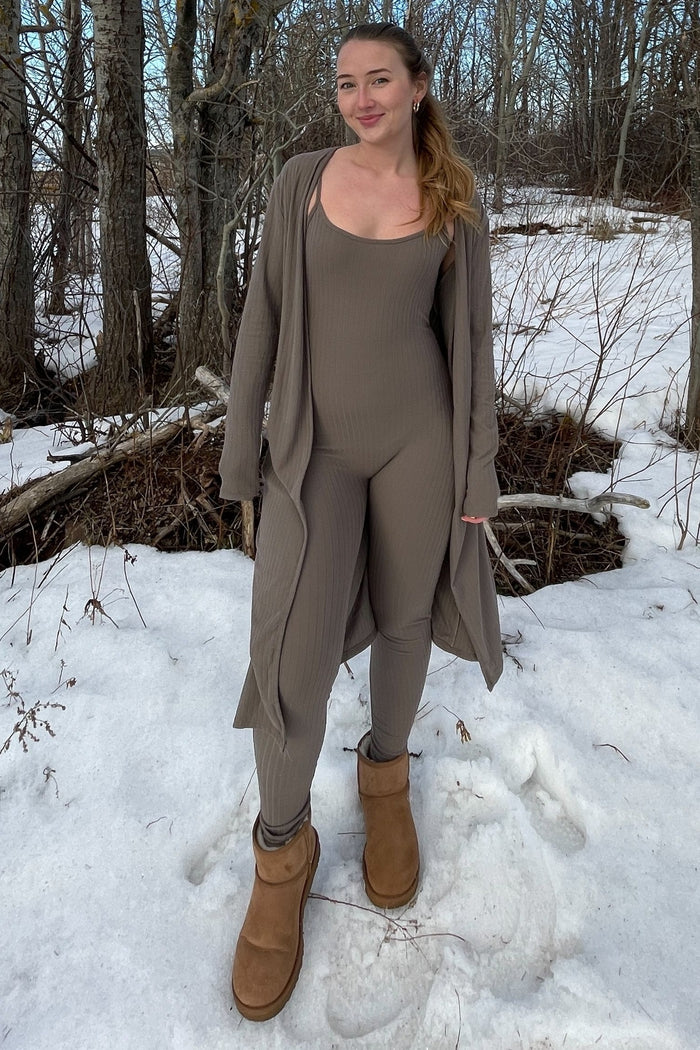 Mocha Ribbed Jumpsuit Two Piece Set