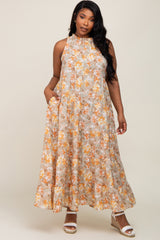 Taupe Floral Ruffle Mock Neck Tiered Plus Maxi Dress