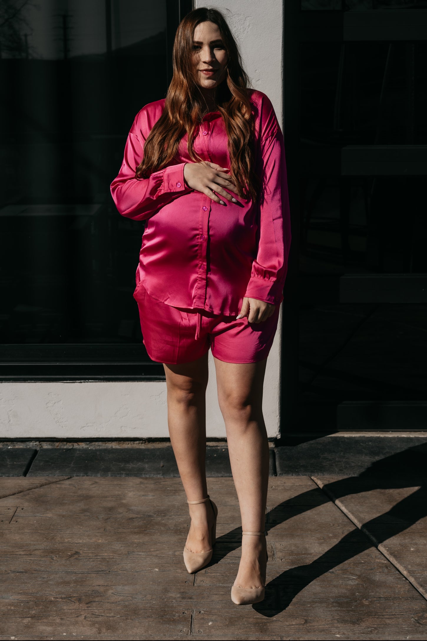 Fuchsia Button Up and Short Satin Maternity Set