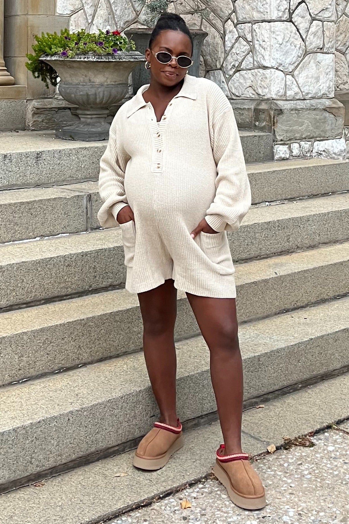 Cream Button Down Maternity Sweater Romper