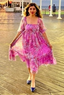 Pink Floral Shimmer Chiffon Midi Dress
