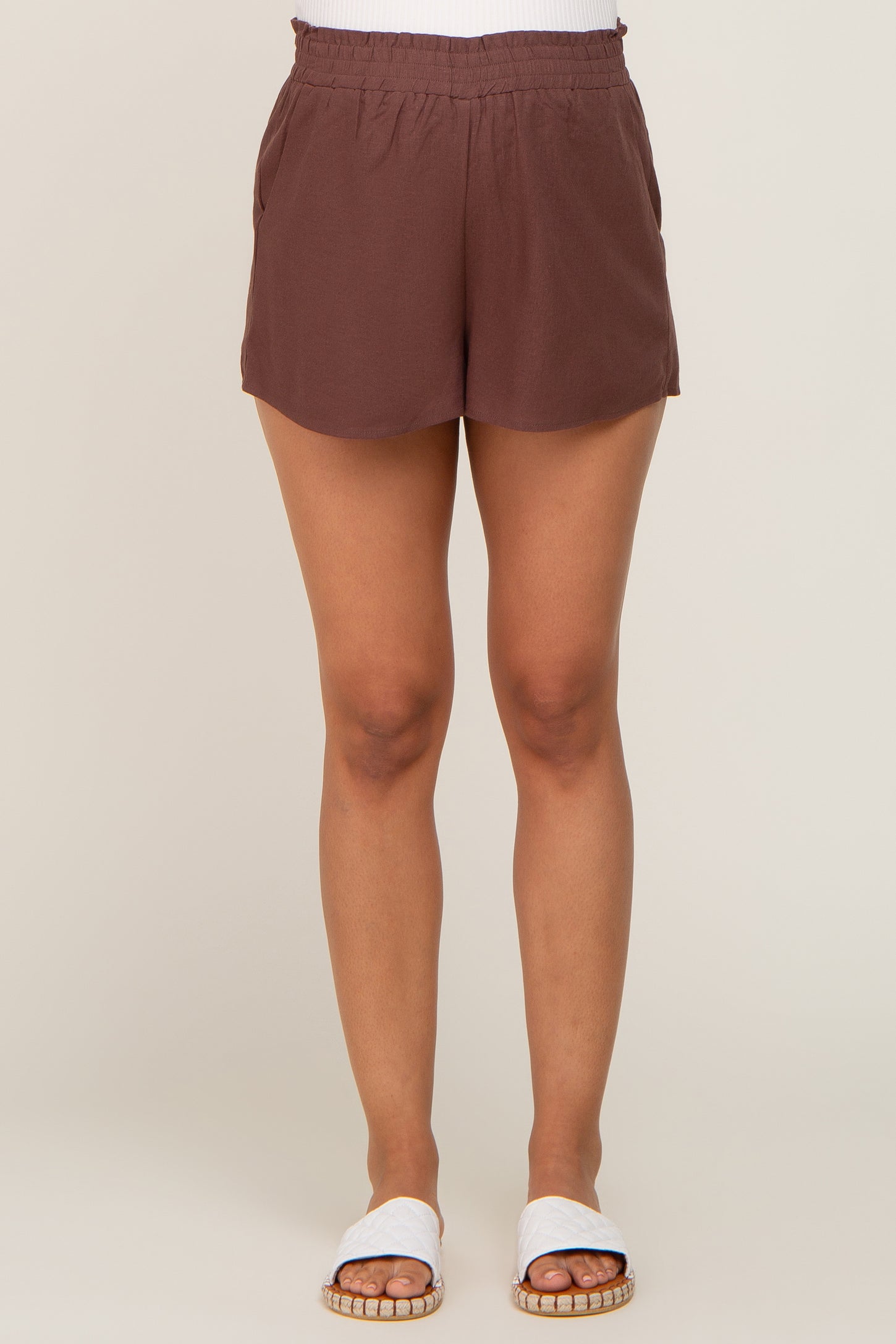 Brown Linen Maternity Shorts