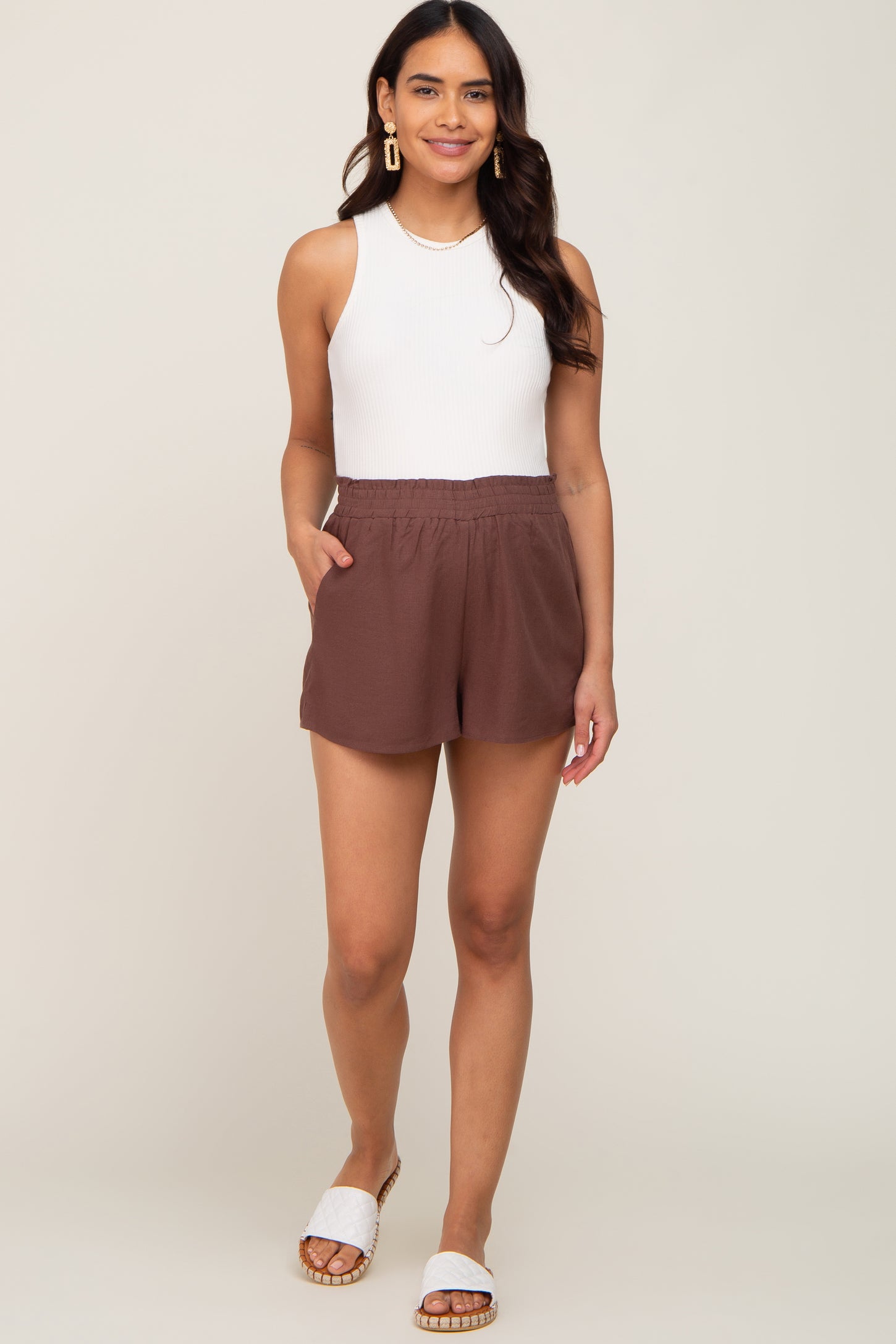 Brown Linen Maternity Shorts