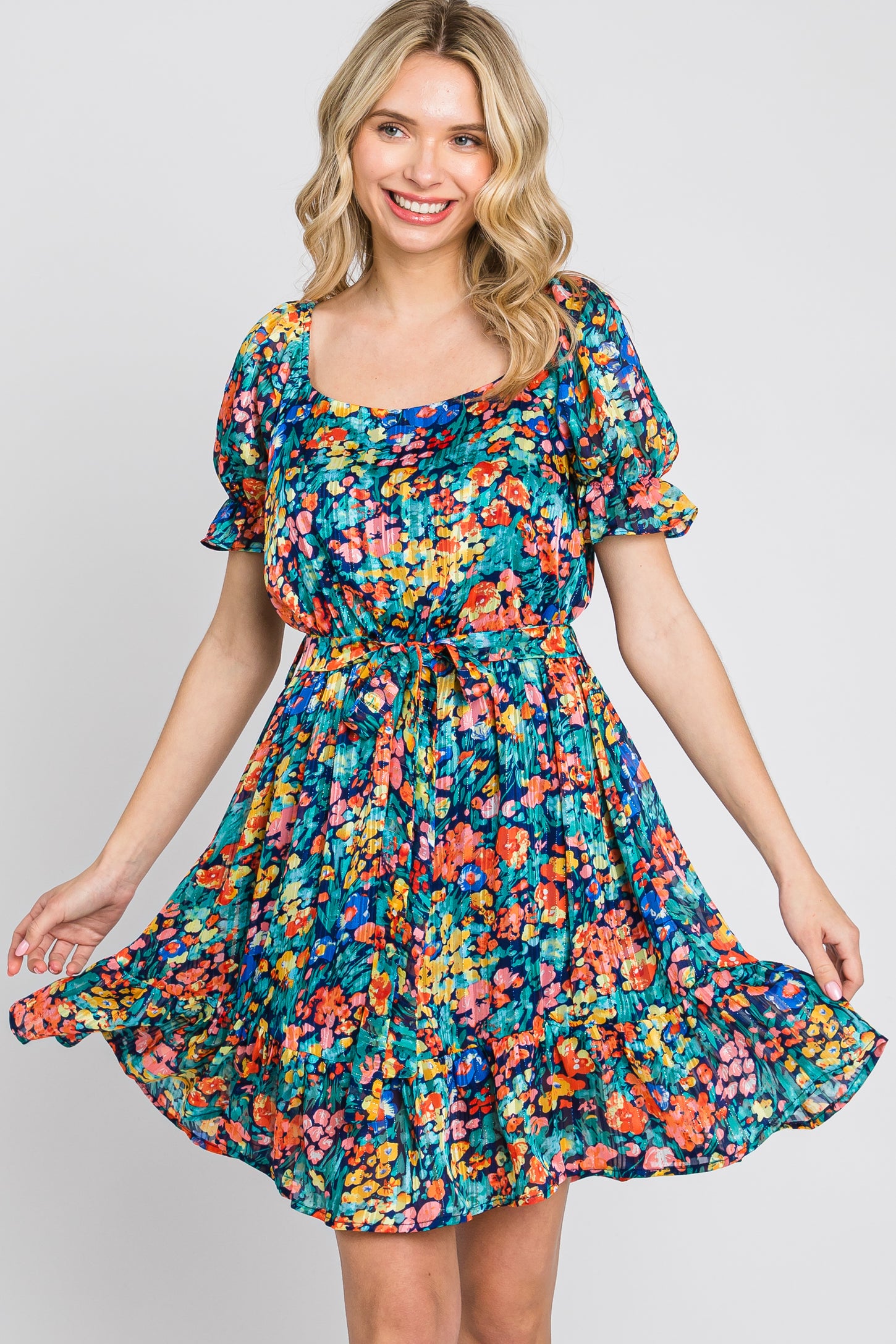 Navy Floral Chiffon Ruffle Accent Maternity Dress