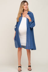 Blue Button Front Side Slit Oversized Maternity Blouse