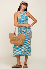 Blue Multicolor Open Knit Halter Midi Dress