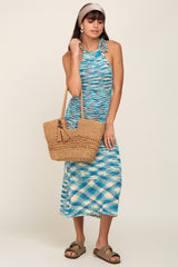 Blue Multicolor Open Knit Halter Midi Dress