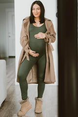 Olive Ribbed Bodycon Maternity Jumpsuit