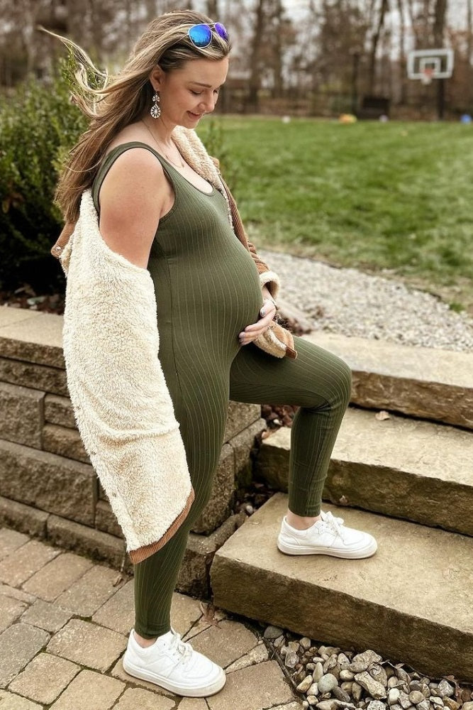 Olive Ribbed Bodycon Maternity Jumpsuit