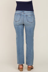 Blue Distressed Straight Leg Maternity Jeans