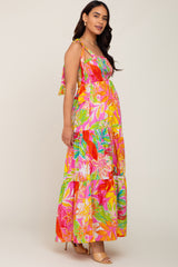 Pink Tropical Print Smocked Tie Sleeve Maternity Maxi Dress