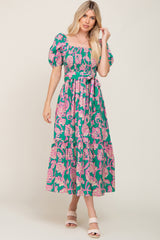 Teal Floral Square Neck Smocked Maternity Midi Dress