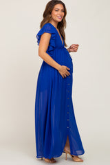 Royal Blue Flounce Button Front Maternity Maxi Dress