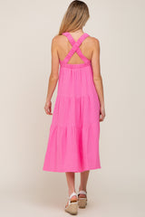 Neon Pink Tiered Crisscross Strap Maternity Midi Dress
