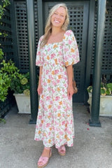 White Floral Puff Sleeve Maxi Dress