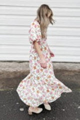 White Floral Puff Sleeve Maxi Dress